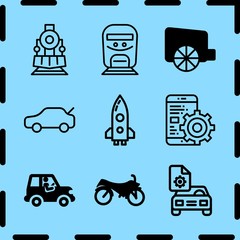 Simple 9 icon set of travel related rocket, car, motorcycle side view silhouette and car vector icons. Collection Illustration