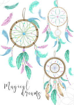 Dream catcher with feathers and ribbon blue red digital art illutration tribal drawing boho party print greeting card ready geometric on white background
