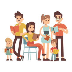 Cartoon character kids and adults with books isolated on white background