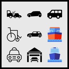 Simple 9 icon set of car related black car side view, car, wheelchair and minibus vector icons. Collection Illustration