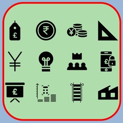 Simple 12 icon set of business related presentation, yen, ruler and rupee vector icons. Collection Illustration