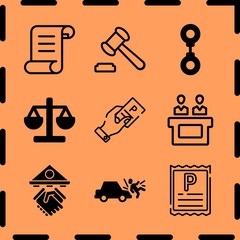 Simple 9 icon set of legal related car run over man, loan, handcuff and parking ticket vector icons. Collection Illustration