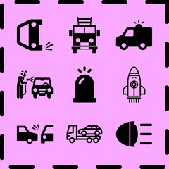 Simple 9 icon set of fire related overturned car, side crash, ambulance with light and welder vector icons. Collection Illustration