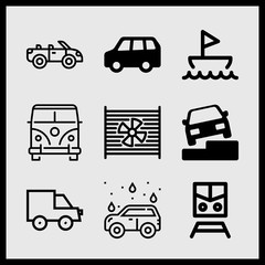 Simple 9 icon set of car related radiator, boat, car wash and family car vector icons. Collection Illustration