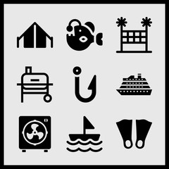Simple 9 set of Summer related hook, cruise liner, angler and volleyball net vector icons