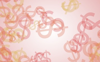 Multicolored translucent dollar signs on white background. Orange tones. 3D illustration