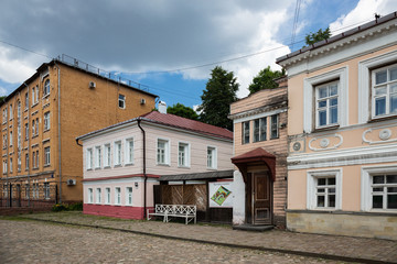 Fototapeta na wymiar Old Moscow street of the 19th century on the Antique Krutitsy Patriarchal cloister courtyard