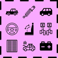 Simple 9 icon set of car related seat, air filter, crankshaft and battery vector icons. Collection Illustration