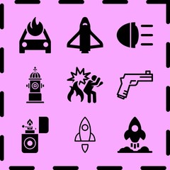 Simple 9 icon set of fire related shuttle, rocket, rocket and gun vector icons. Collection Illustration