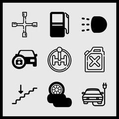 Simple 9 icon set of car related gasoline, headlights, three wheels and fuel vector icons. Collection Illustration