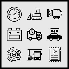 Simple 9 icon set of car related car wash, parking ticket, disc brake and battery vector icons. Collection Illustration