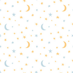 Fototapeta premium Gwiaździste niebo i księżyc ręka rysunek wektor wzór. Tekstura na tekstylia, notatnik, papier do pakowania.