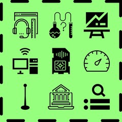 Simple 9 icon set of network related dashboard, sim card, computer and presentation vector icons. Collection Illustration