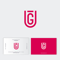 G and U letters monogram. Interlaced, crossed letters G and U. Letters like red shield, isolated on a dark background. Flat linear style emblem. Business card. - obrazy, fototapety, plakaty
