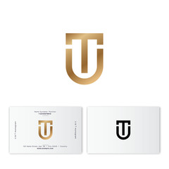 T and U monogram. T letter U letter as a gold shield. Digital logo. Flat style emblem. Identity, business card. Inverted version. © Nataly