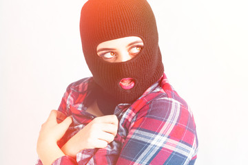 sexy bandit girl, fat model in balaclava, Woman Plus Size in shirt posing topless on white...