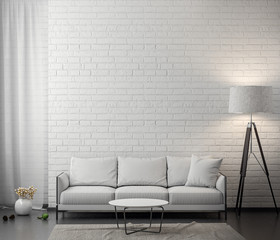 Interior of living room with white brick wall, 3D Rendering - 213863158