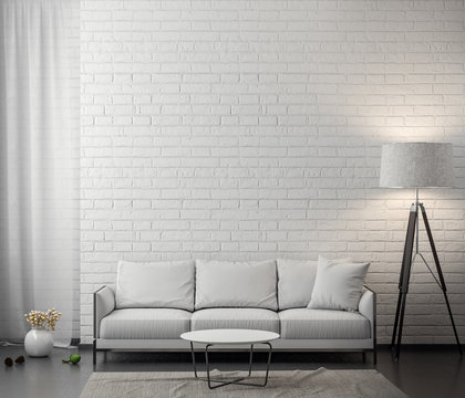 Interior of living room with white brick wall, 3D Rendering