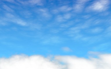 Blue sky background with white clouds. Abstraction group of clouds on clear blue sky on sunny day. 3D illustration