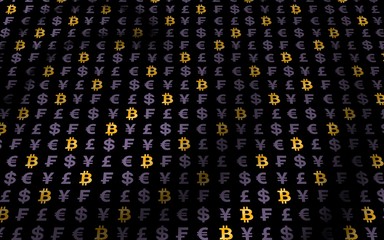 Fototapeta premium Bitcoin and currency on a dark background. Digital Cryptocurrency symbol. Wave effect, currency market fluctuations. Business concept. 3D illustration