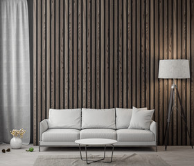 Interior of living room with wood planks wall, 3D Rendering