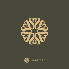 Vector floral luxury curve logo design. Round gold ornate frame. Vintage premium design vector element.