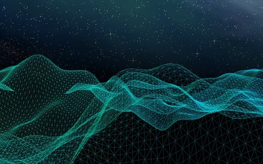 Fototapeta premium Abstract landscape on a dark background. Star horizon. Cyberspace grid. Hi-tech network. Outer space. Starry outer space texture. 3D illustration