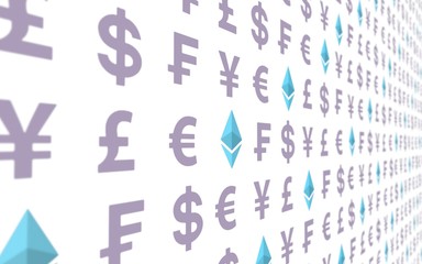 Ethereum crystal and currency on a white background. Digital Cryptocurrency symbol. Business concept. Market Display. 3D illustration