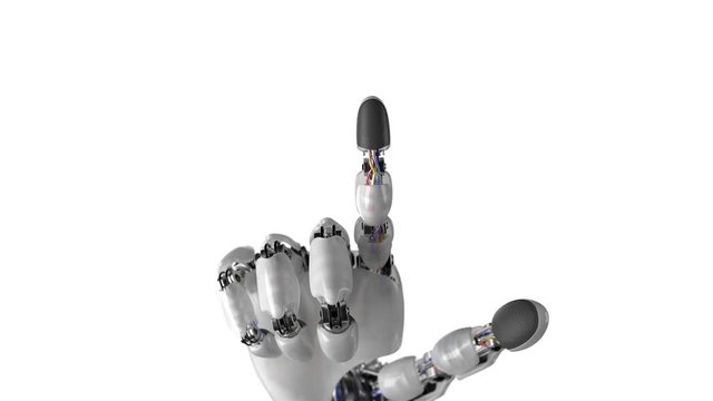Robotic Hand Presses on the Screen on a White and Green Backgrounds. Beautiful 3d animation with a pass of depth of field. 4K