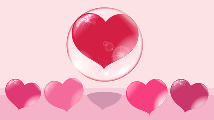 a loving heart flies up in a bubble, other hearts remain on the ground, a soap bubble