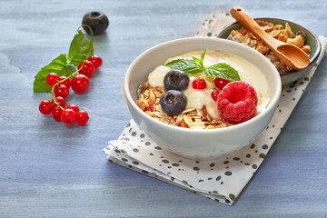 Yogurt with muesli and berries, healthy dessert on neutral background