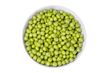 Fresh green peas in a white bowl on a white background. isolated. Top view