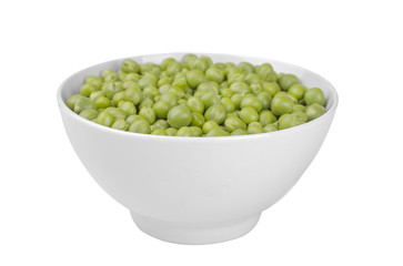 Fresh green peas in a white bowl on a white background. isolated