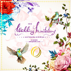 Wedding invitation with roses, cornflower, camomile and wild flower and two nightingales around. This template can be used as other type of invitations and holidays. Vector - stock