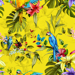 Seamless background pattern. Parrots, humming bird, lily, tropical leaves and branches. Watercolor, hand drawn. Vector - stock.