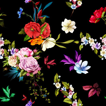Seamless background pattern. Roses, poppy, cornflower, wild flowers on black. Watercolor, hand drawn.