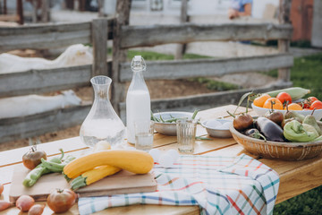 table vegetables milk wooden table rustic style