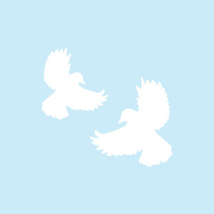 Two white flying doves isolated on blue background. Birds in the sky. Vector illustration.