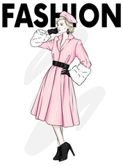 A tall slim girl in coats and boots. Vintage and retro, fashion and style. Fashionable look. Vector illustration.
