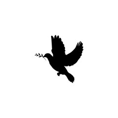 Black dove with olive sprig Icon isolated on white. Peace vector symbol. International Peace day sign.