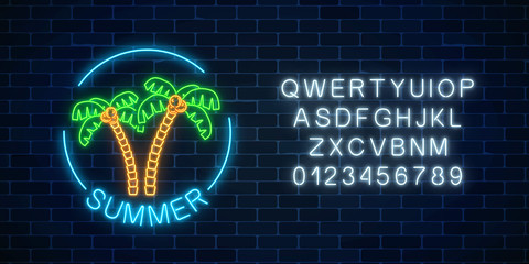 Glowing neon summer sign with two palms, text in round frame and alphabet. Shiny summertime symbol with letters.