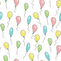 Seamless cute pattern with cartoon balloons of different soft colors.