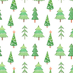 Seamless watercolor pattern from different green Christmas trees on winter holidays