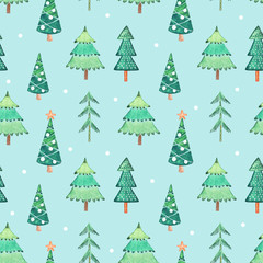 Seamless watercolor pattern from different green Christmas trees on winter holidays