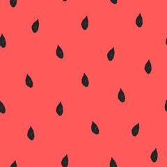 Seamless watermelon pattern with red flesh and black shabby hand drawn seeds. Nice bright Vector