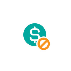 Free Of Charge icon. Blue circle with dollar sign and orange crossed circle. Flat icon. Isolated on white.