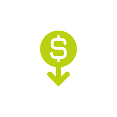 dollar down vector icon. White dollar sign in green circle with arrow down. Flat icon. Isolated on white.