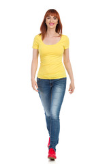Walking Young Smiling Woman. Front View.