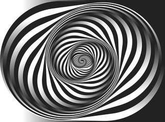 Schwarz-Weiß-Fractal-Hintergrund. Escher-Stil. Bilder im Stil optischer visueller Täuschungen - Pop Art. Psychologie oder Mode, ein Muster zum Drucken.