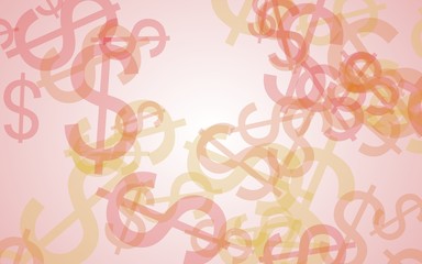 Multicolored translucent dollar signs on white background. Orange tones. 3D illustration